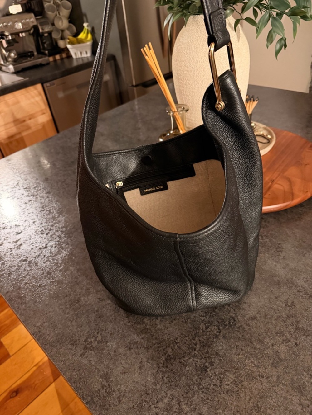 Michael Kors Black Pebbled Leather Shoulder Hobo with Gold Hardware